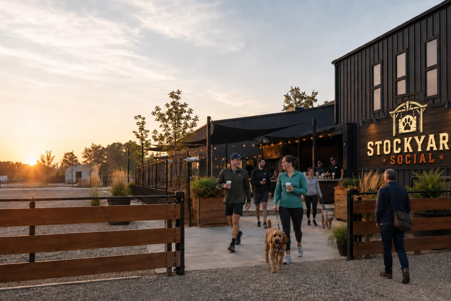 Morning guests and their dogs arriving beneath the new Stockyard Social gate-and-paw identity