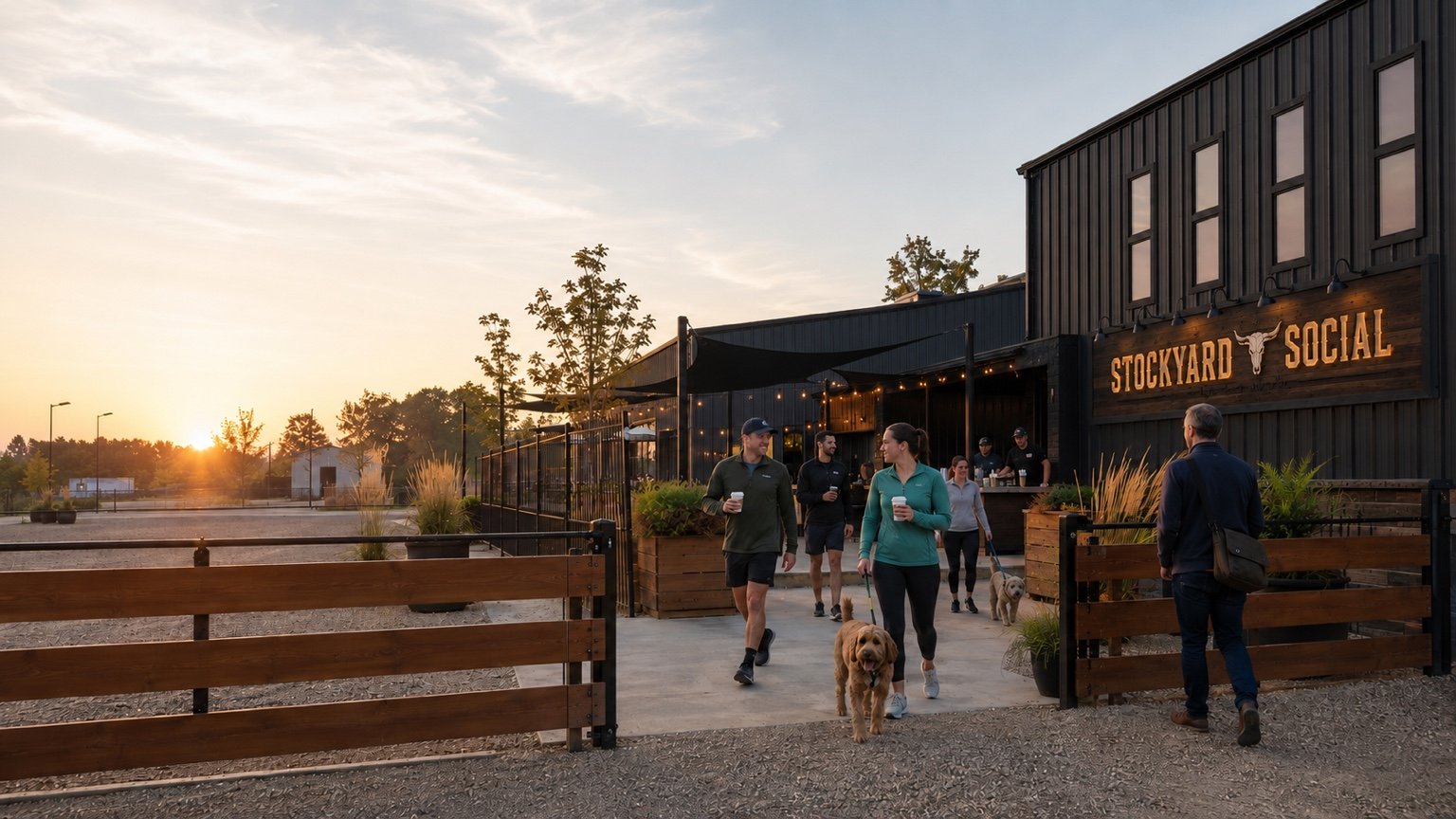Morning guests and their dogs arriving through the Stockyard Social gate