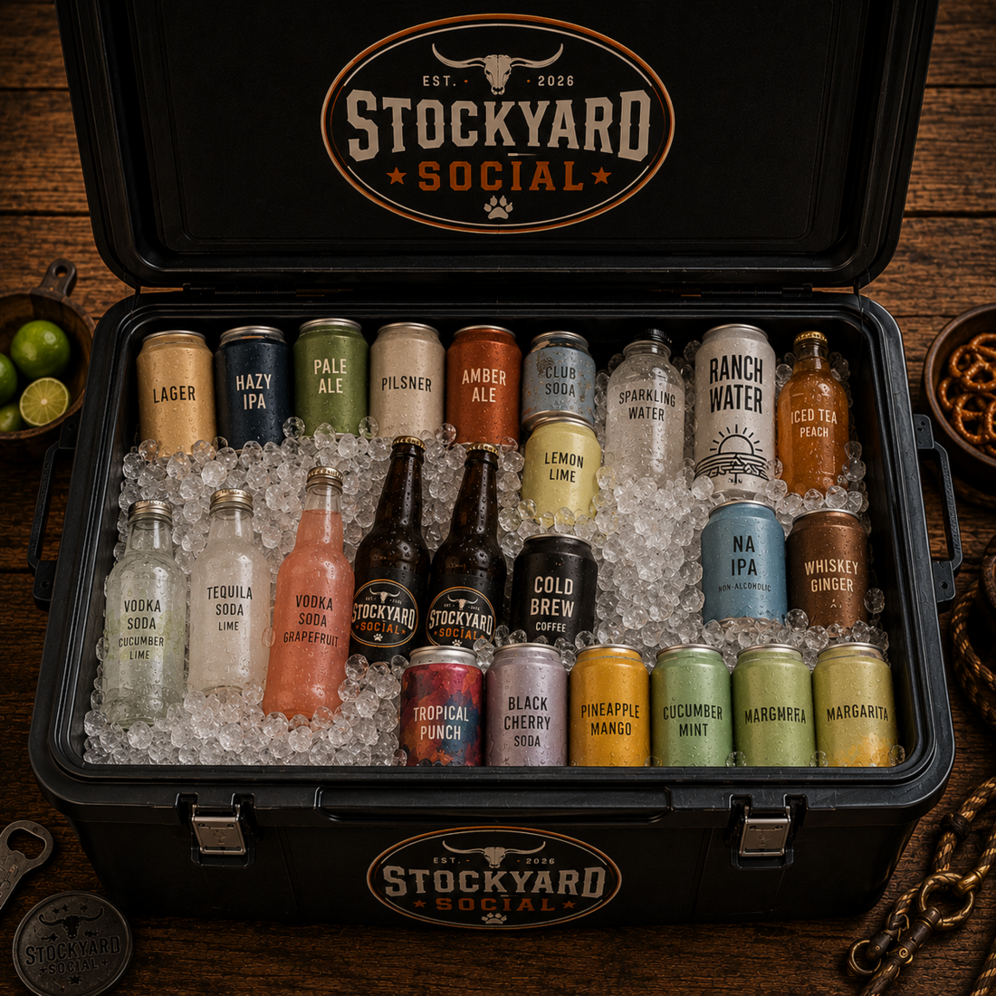 Stockyard Social Watering Hole cooler filled with drinks