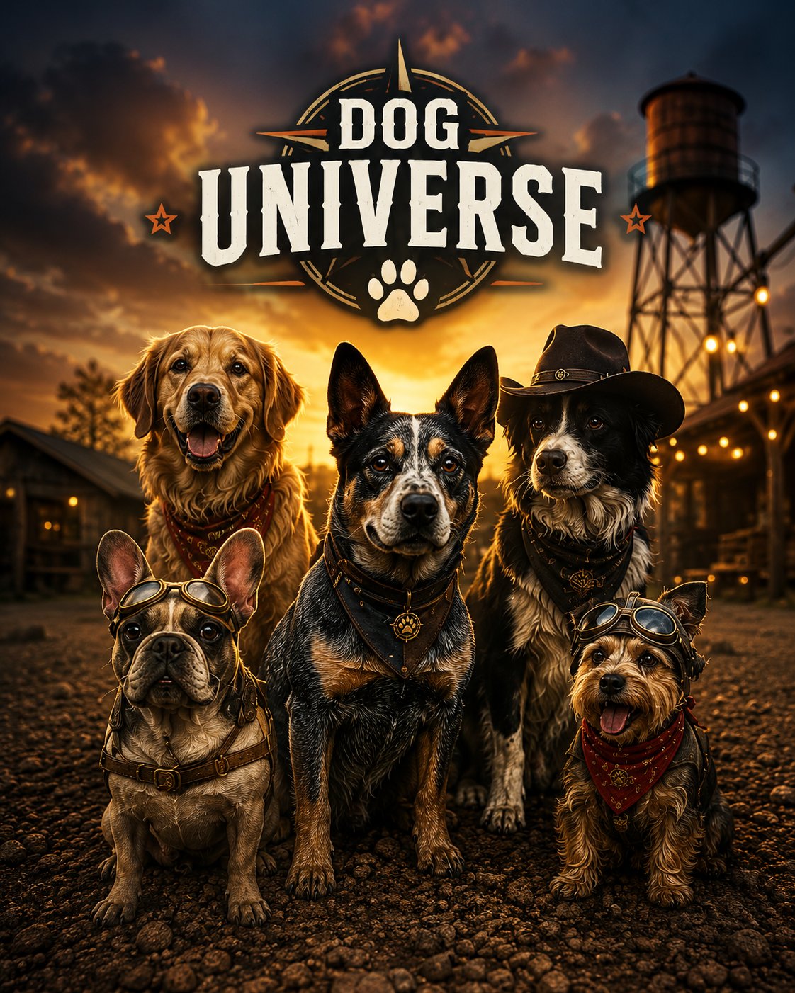 The Dog Universe cast — five original characters ready to explore the Stockyard