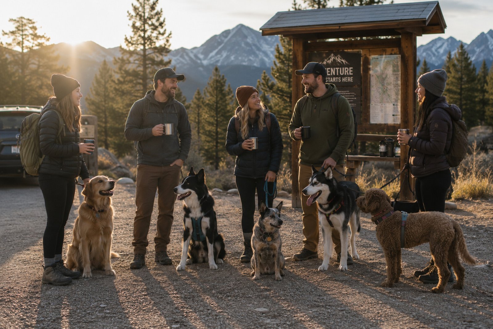 A group of Stockyard members and their dogs gathered at sunrise