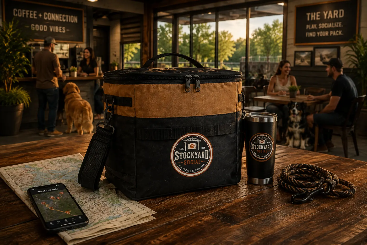 Stockyard Social soft cooler, tumbler and leash ready for a day at The Stockyard