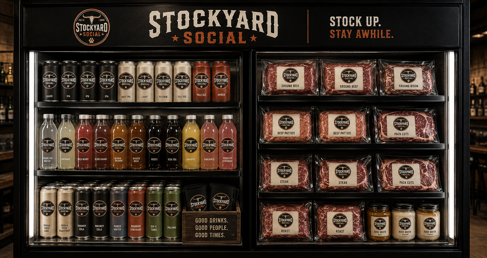 Stockyard Social cooler stocked with drinks and take-home meat