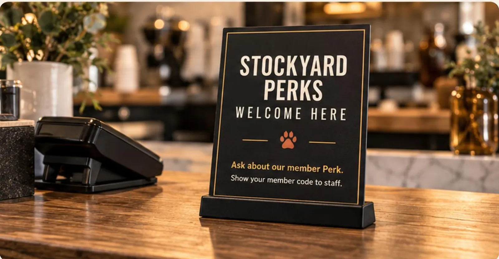 A Stockyard Perks counter card next to a card reader