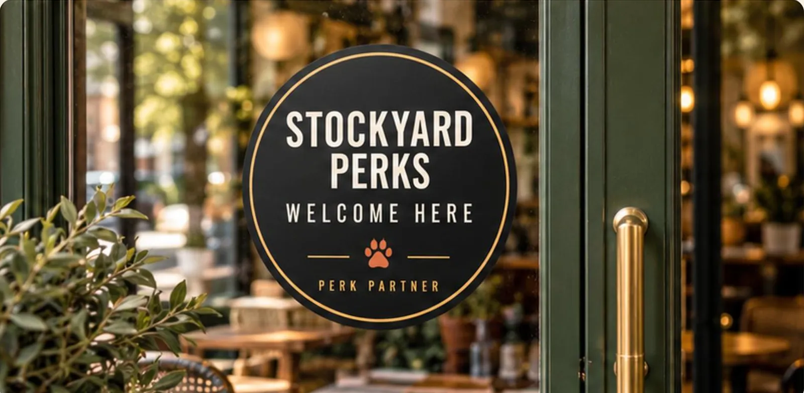 A round Stockyard Perks window decal reading Welcome here