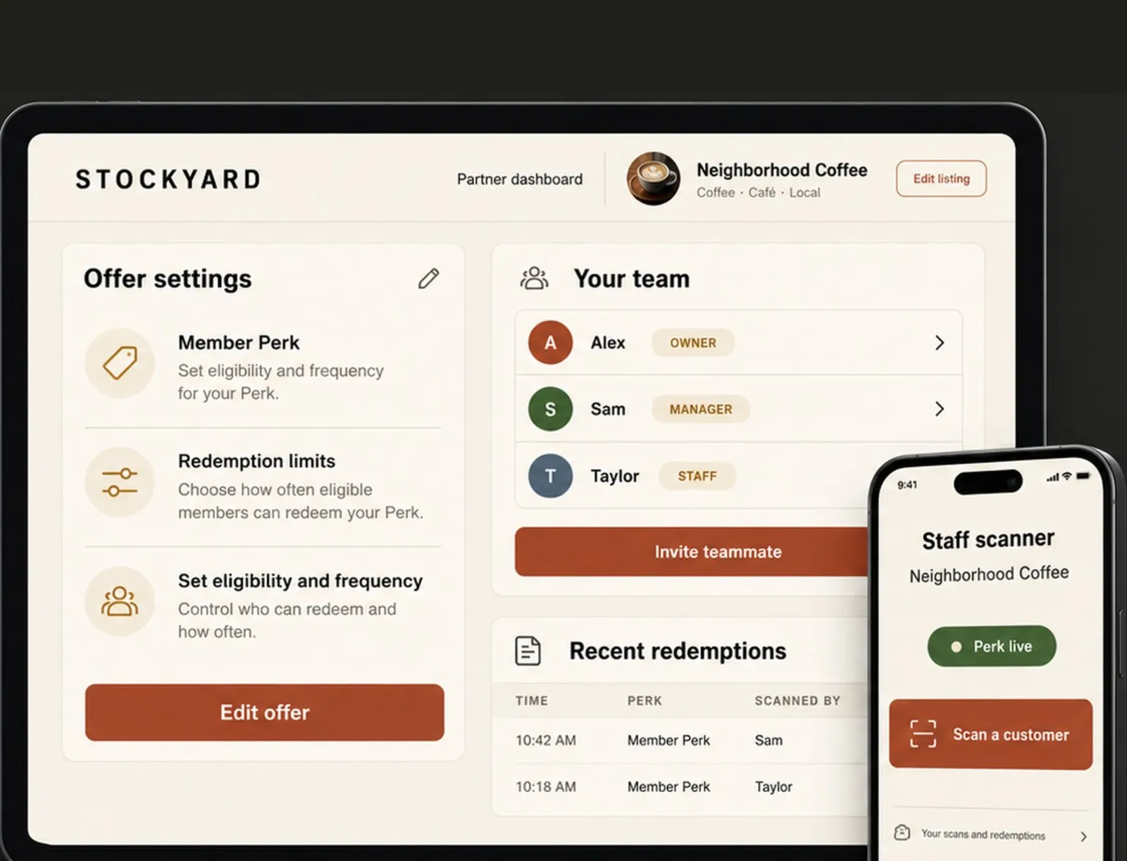 The partner dashboard on a tablet and the staff scanner on a phone, with sample data